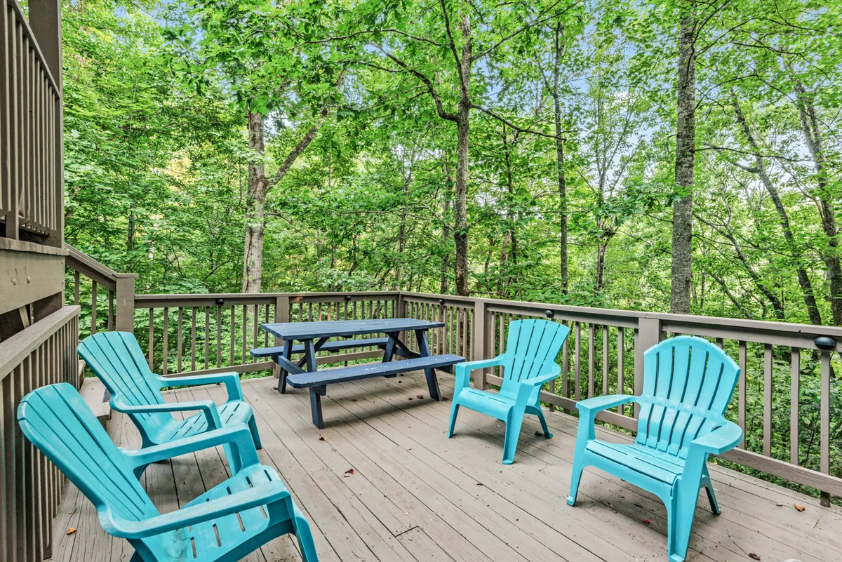 An outdoor space featuring blue chairs, a picnic table, and vibrant greenery surrounding the area. This welcoming setup is ideal for group gatherings, hosting barbecues, or lounging together beneath the trees. The open, peaceful setting encourages connection with nature and with each other.